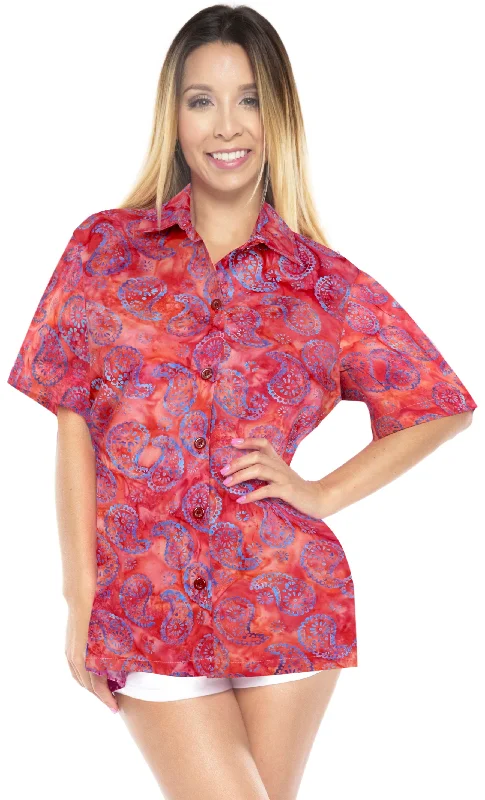 LA LEELA Women's Beach Button Down Short Sleeve Casual 100% cotton hand printed Blouse Red Pleated Collar Blouse LA LEELA Women's Beach Button Down Short Sleeve Casual 100% cotton hand printed Blouse Red Pleated Collar Blouse