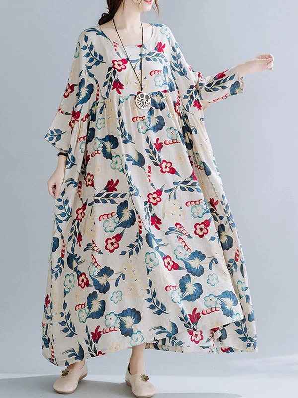 Zjkrl - Casual Floral Printed Split-Joint Round-Neck Flared Batwing Sleeves Loose Maxi Dress Elegant Maxi Dress with Pockets Zjkrl - Casual Floral Printed Split-Joint Round-Neck Flared Batwing Sleeves Loose Maxi Dress Elegant Maxi Dress with Pockets