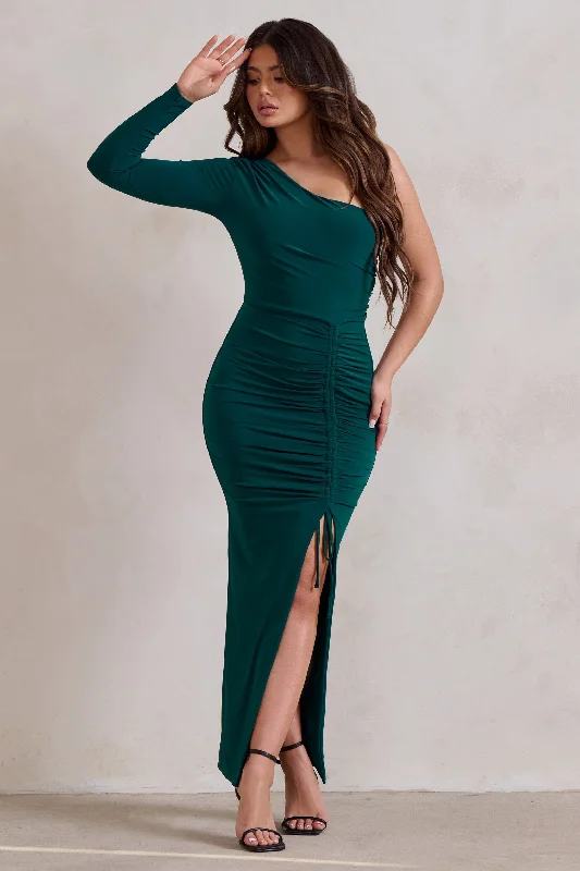 Mystical | Bottle Green One Shoulder Maxi Dress With Side Split Trendy Maxi Dress with Belt Mystical | Bottle Green One Shoulder Maxi Dress With Side Split Trendy Maxi Dress with Belt