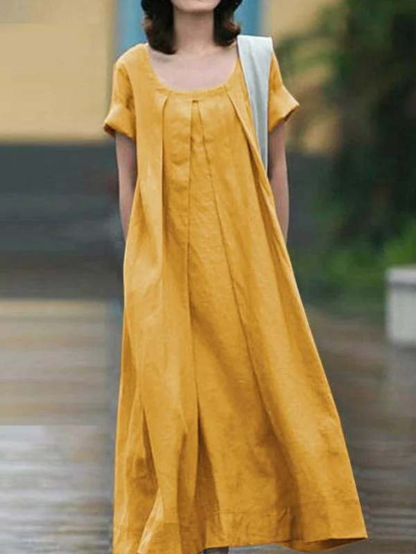 Zjkrl - Simple Solid Color U-Neck Pleated Short Sleeves Maxi Dress Elegant Lace-Up Maxi Dress Zjkrl - Simple Solid Color U-Neck Pleated Short Sleeves Maxi Dress Elegant Lace-Up Maxi Dress