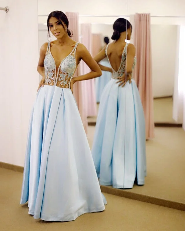 Floor Length Prom Dresses Satin Plunge Neck Lace Embroidery