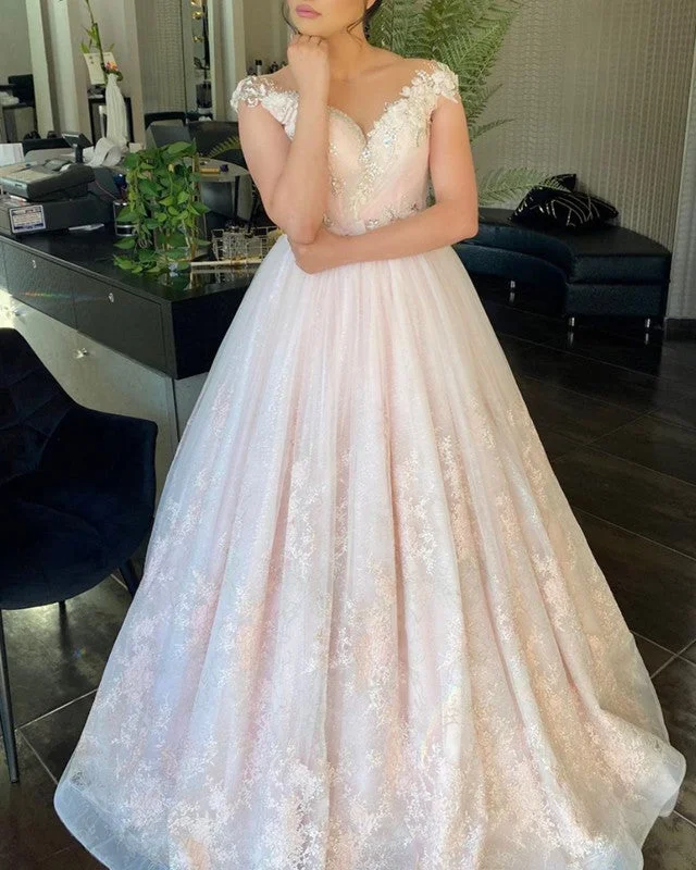 Sheer Neckline Cap Sleeves Lace Prom Dresses With Beaded