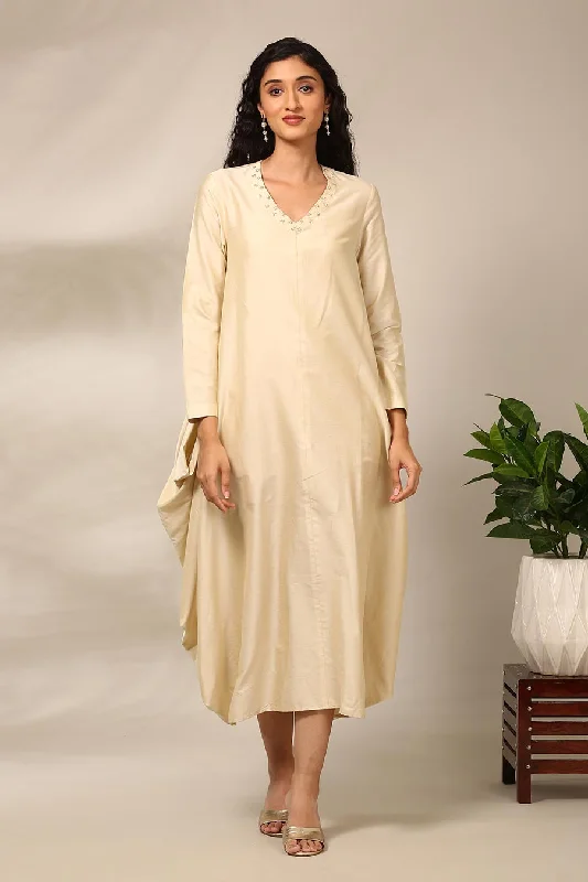 Beige Embroidered Draped Dress