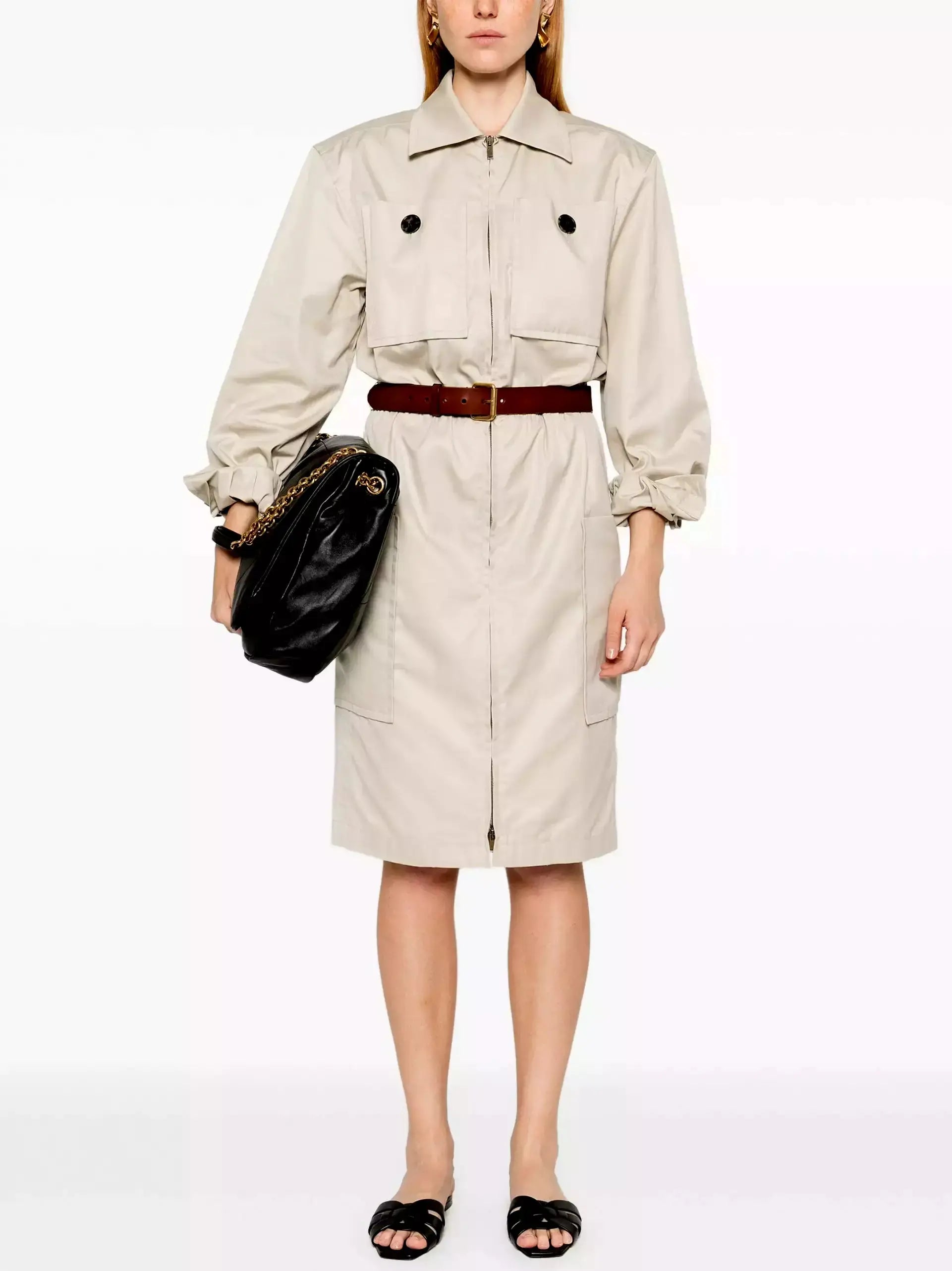 Belted Cotton Safari Dress in Beige