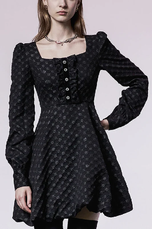 Black Flower Type Pearl Nail Square Neck Tucked Waist Flower Bud Women's Punk Dress