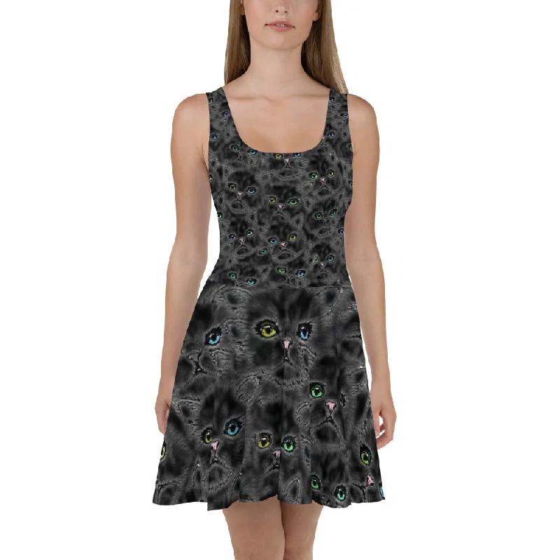 Black Kitty Faces Skater Dress