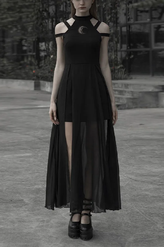 Black Lunar Printed Mesh Stitching Long Women's Gothic Dress