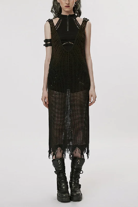 Black V Collar Knitted Hollow Mesh Women's Gothic Dress