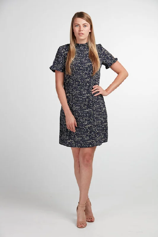 Blue & White Print Ruffled Highneck  Dress