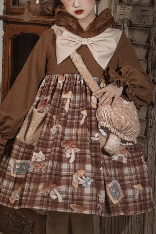 Brown Chest Big Bow Lantern Sleeves Mushroom Print With Hat Sweet Lolita OP Dress