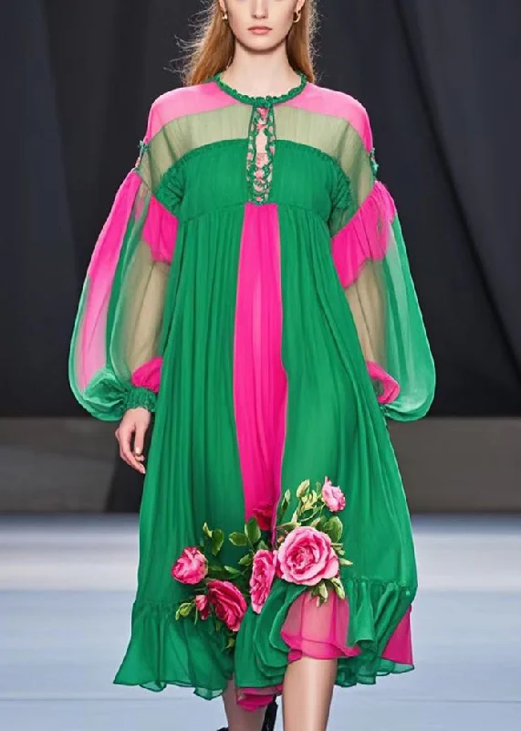 Classy Colorblock Oversized Patchwork Flower Chiffon Dress Fall