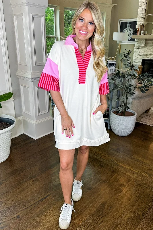 Color Block Stripe Exposed Seam Collared Dress