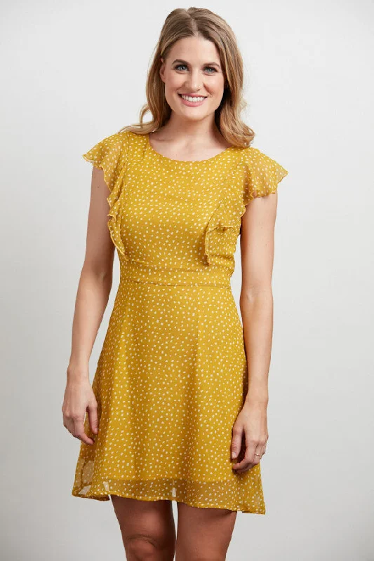 Confetti Print Round Neckline Yellow Dress