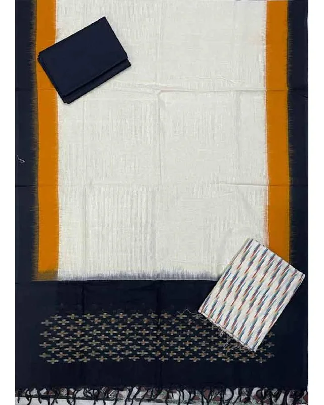 DOUBLE IKAT COTTON WHITE WITH BLACK COLOR DRESS MATERIAL -C5