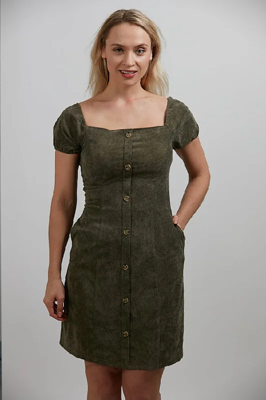 Corduroy Square Neckline Green Dress