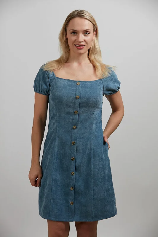 Corduroy Square Neckline Teal Blue Dress