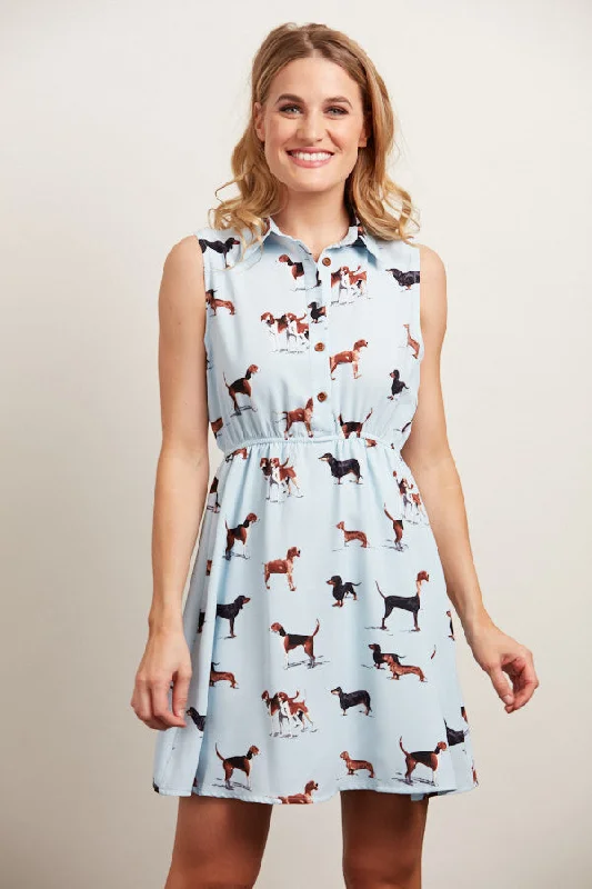 Dachshund & Beagle Print Collared Neckline Light Blue Dress