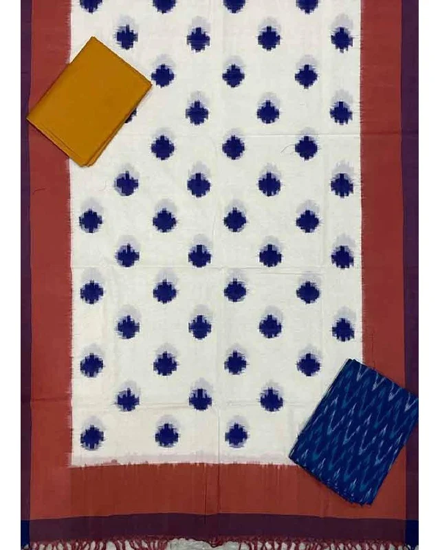DOUBLE IKAT COTTON WHITE AND BROWN COLOR DRESS MATERIAL - C4