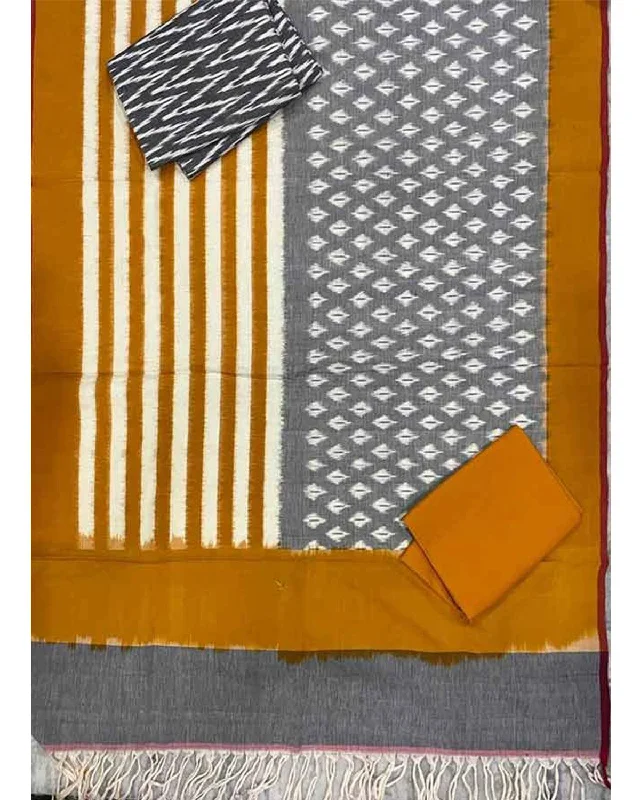 Double Ikat Gray With Yellow Color Dress Material - c50