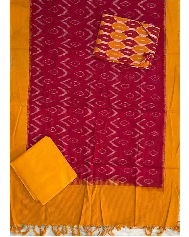 DOUBLE IKAT RED WITH YELLOW COLOR DRESS MATERIAL-B12