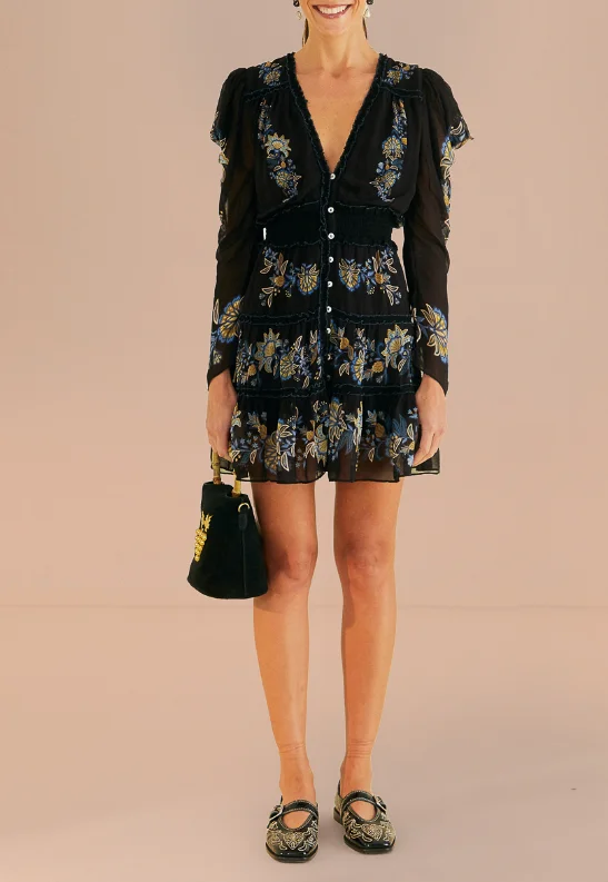 Farm Rio Stitched Garden Black Dress