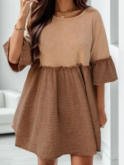 Blue Zone Planet |  Frill Round Neck Half Sleeve Dress