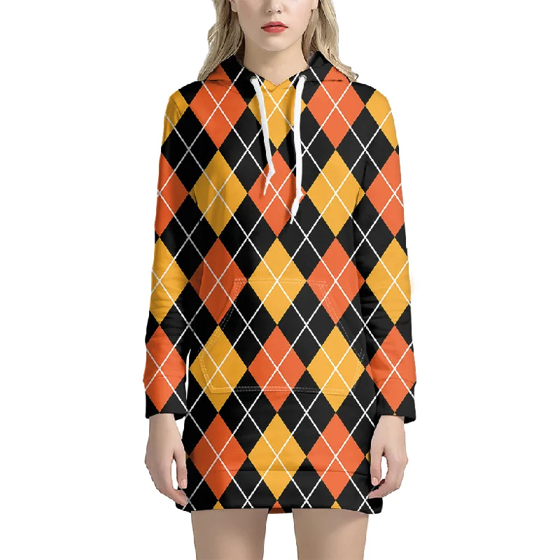 Halloween Black And Orange Argyle Print Pullover Hoodie Dress