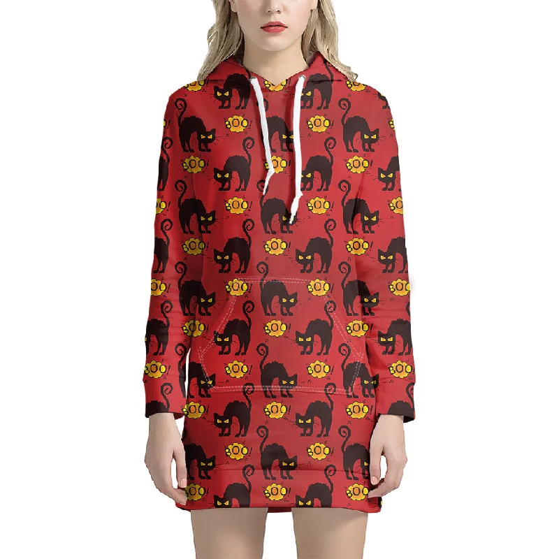 Halloween Black Cat Pattern Print Pullover Hoodie Dress