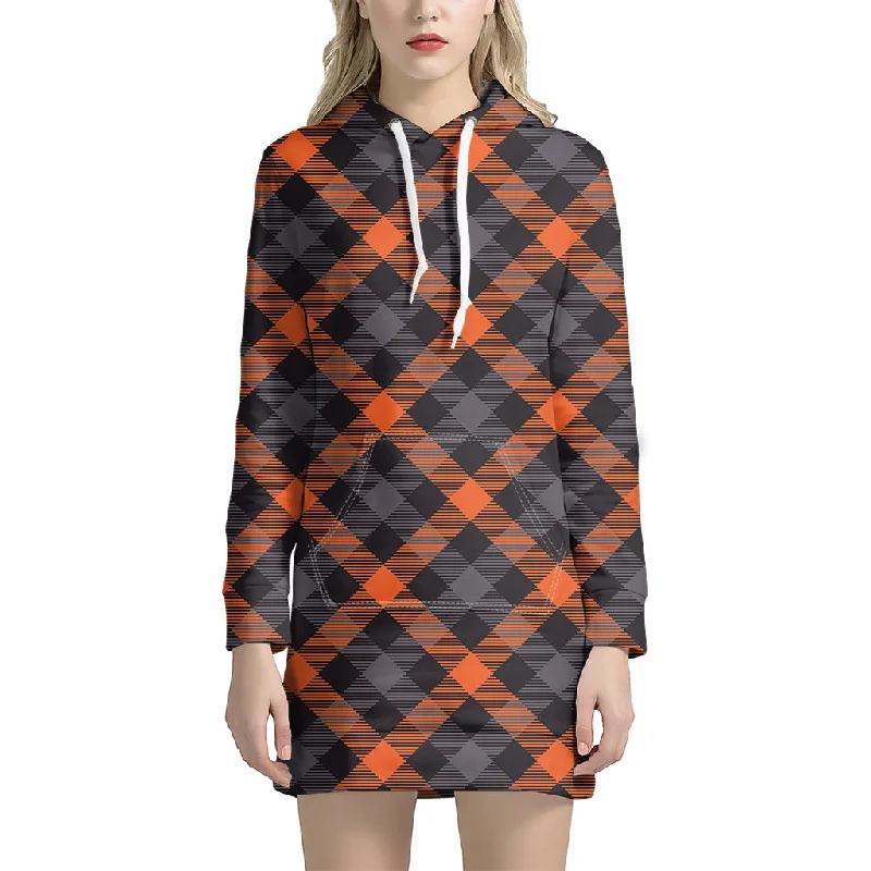 Halloween Buffalo Check Pattern Print Pullover Hoodie Dress