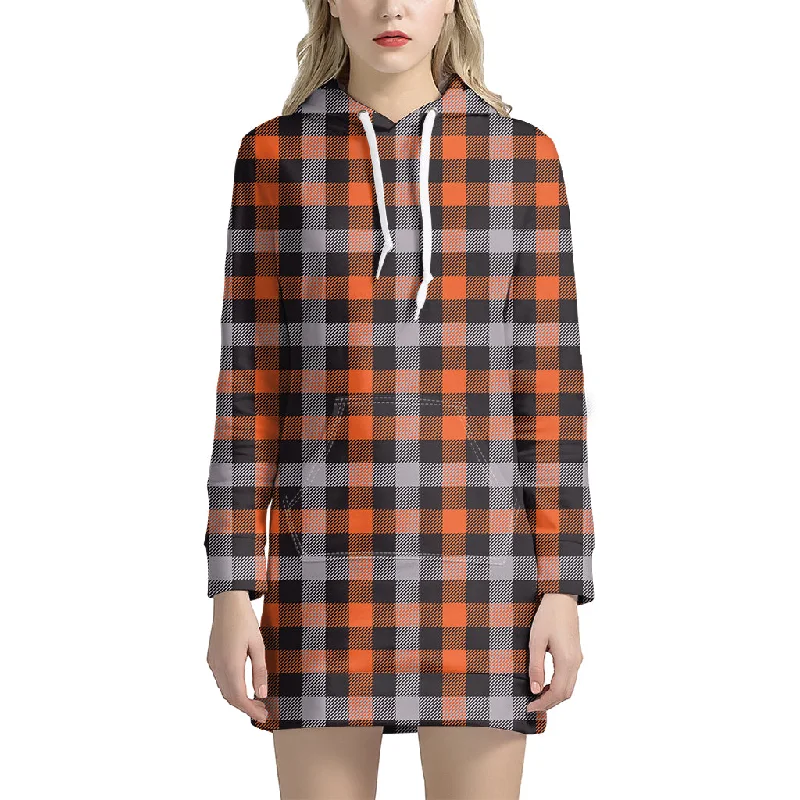 Halloween Buffalo Plaid Print Pullover Hoodie Dress