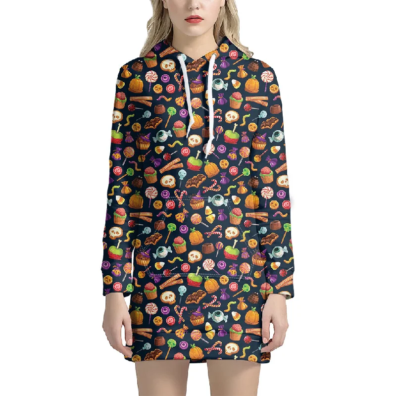 Halloween Candy Pattern Print Pullover Hoodie Dress