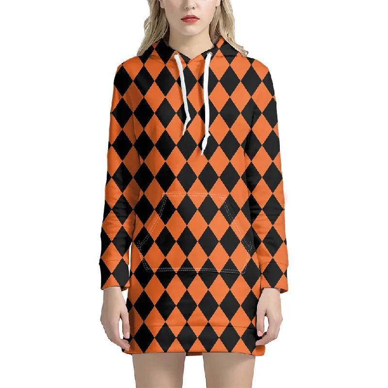 Halloween Harlequin Pattern Print Pullover Hoodie Dress