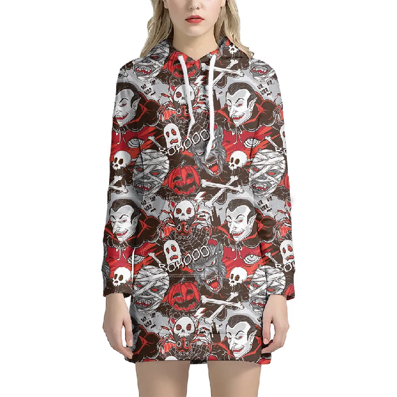 Halloween Monsters Pattern Print Pullover Hoodie Dress