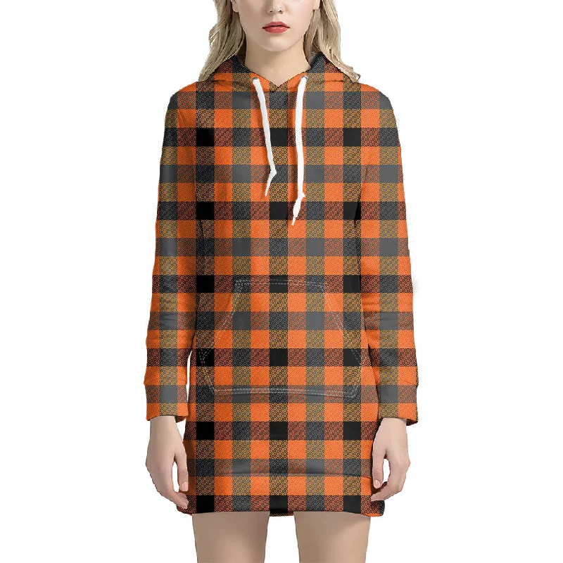 Halloween Orange Buffalo Check Print Pullover Hoodie Dress
