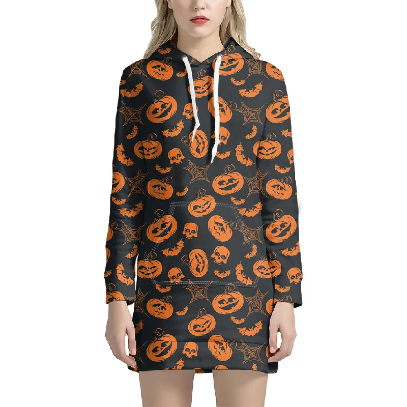 Halloween Pumpkin And Bat Pattern Print Pullover Hoodie Dress