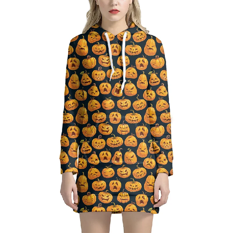 Halloween Pumpkin Jack-O'-Lantern Print Pullover Hoodie Dress