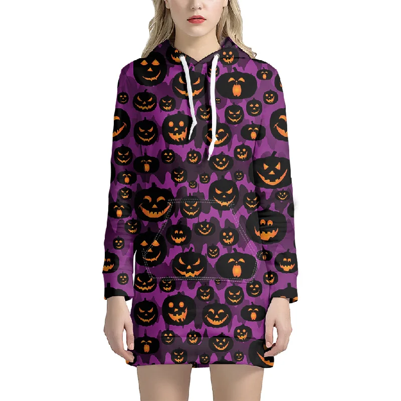 Halloween Pumpkin Smiley Faces Print Pullover Hoodie Dress