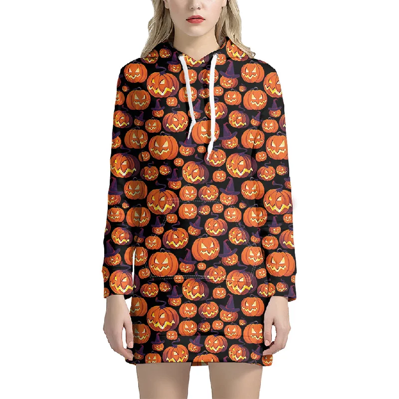 Halloween Pumpkin Witch Pattern Print Pullover Hoodie Dress