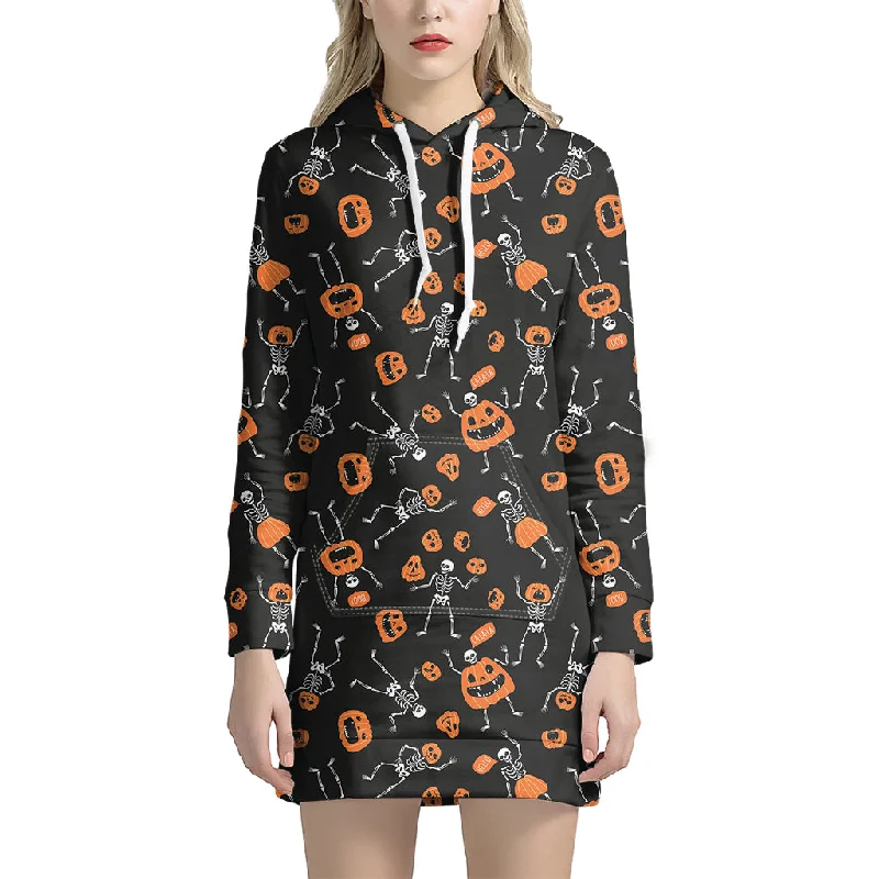 Halloween Skeleton And Pumpkin Print Pullover Hoodie Dress
