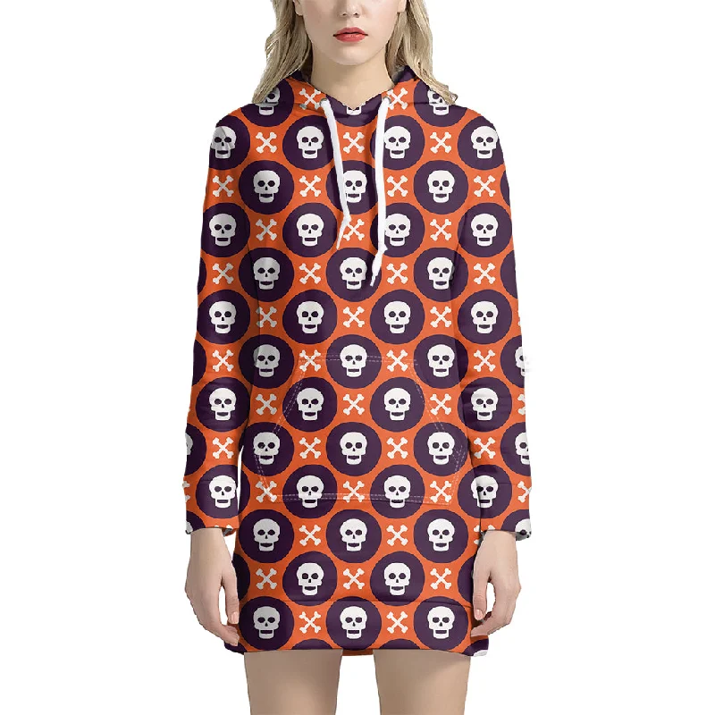 Halloween Skull And Bone Pattern Print Pullover Hoodie Dress