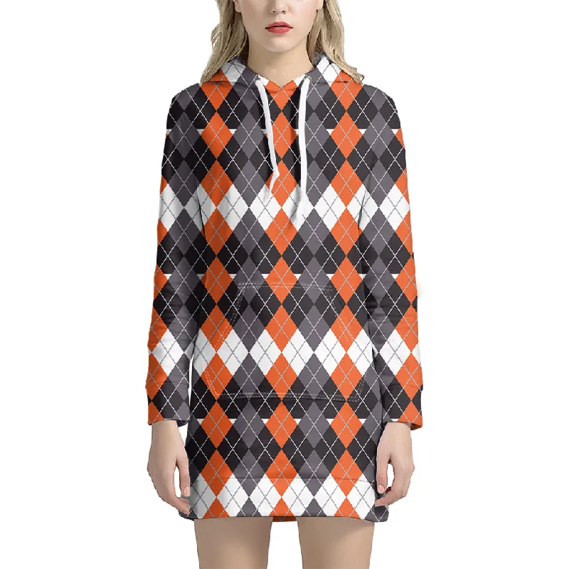 Halloween Themed Argyle Pattern Print Pullover Hoodie Dress