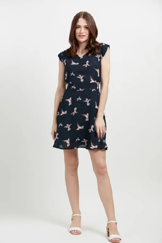 Hummingbird All Over Print Cap Sleeves Dress