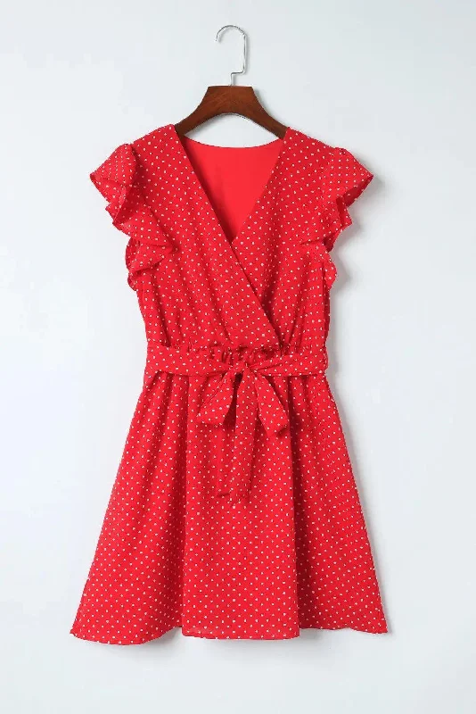 Polka Dot Surplice Neck Tie Waist Dress