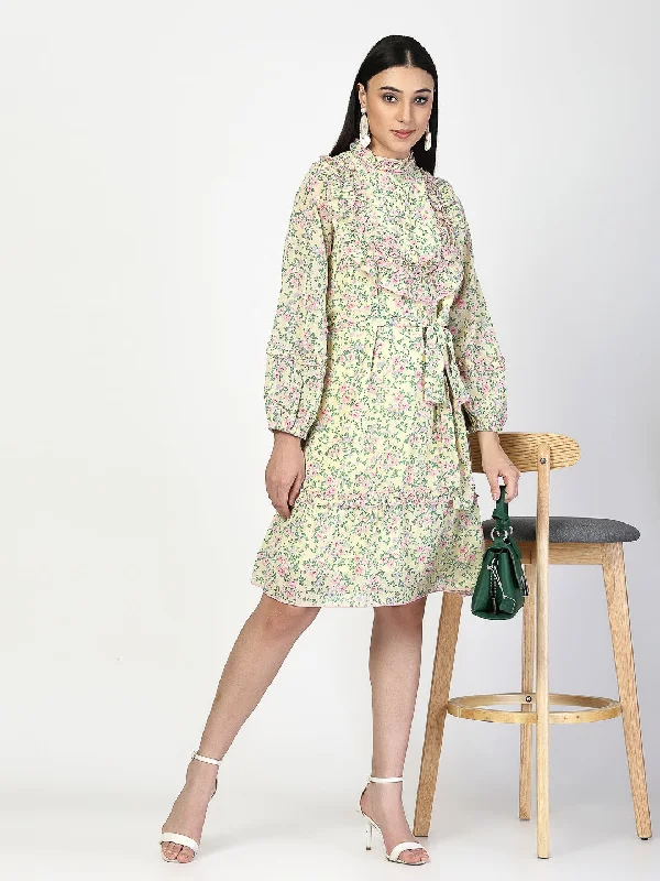 Printed Gathered and Frill Work Dress