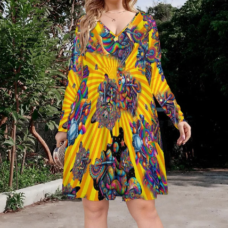 "Psychedelic Cats on Motorcycles" Plus Size Flowing Festival Dress Sizes S – 8XL