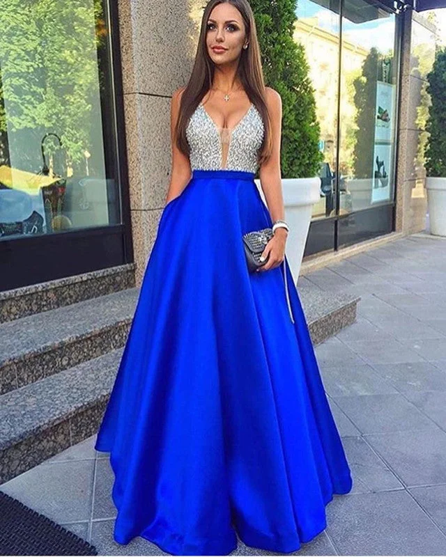 Sequins Beaded V-neck Long Satin Prom Dresses Floor Length Evening Gowns