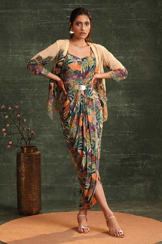 Beige Kaira Printed Drape Dress & Jacket Set