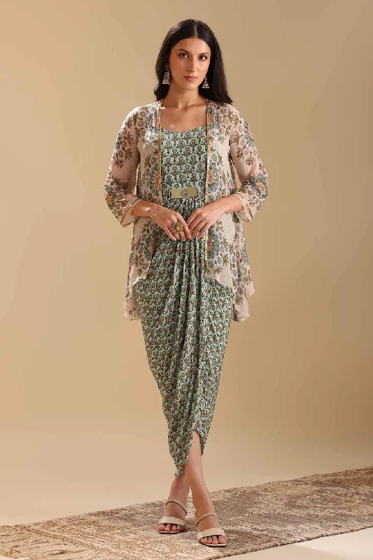 Green Eraya Embellished Drape Dress & Jacket Set