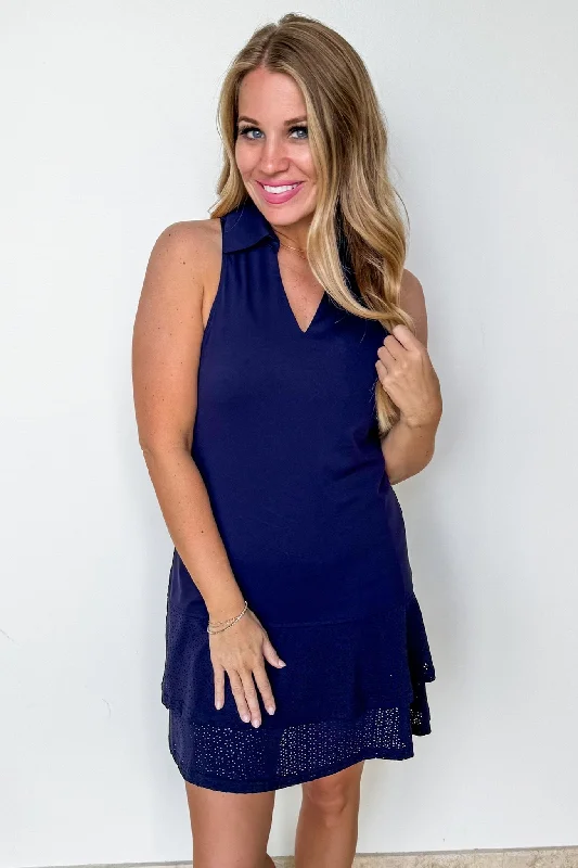 The Esther Racerback Eyelet Hem Athletic Dress in Navy