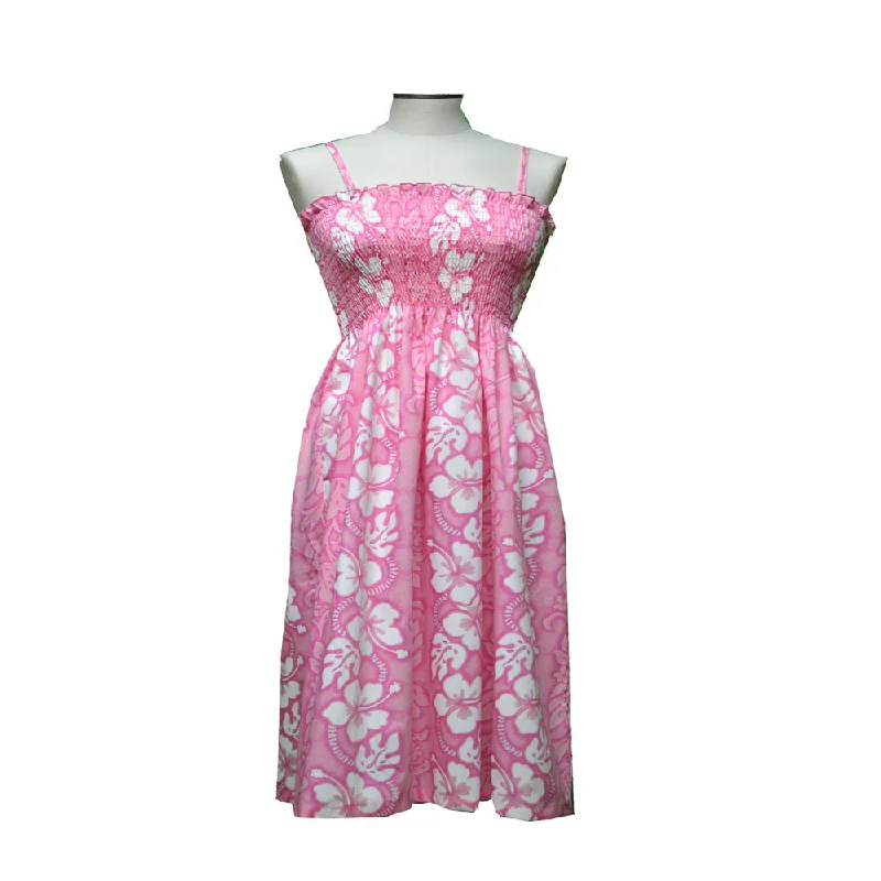 White Hibiscus Panel Pink Tube Top Hawaiian Dress